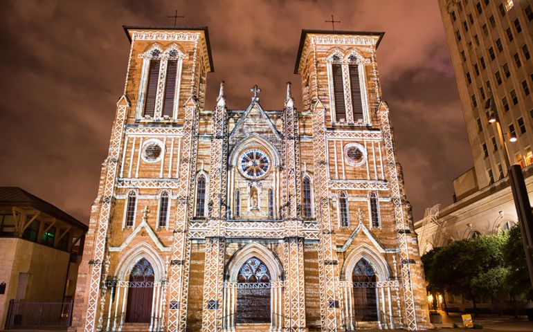 San Antonio - San Fernando Mission Light Show at night