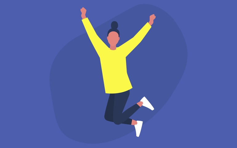 Young excited female character jumping and expressing positive emotions, having fun, good vibe