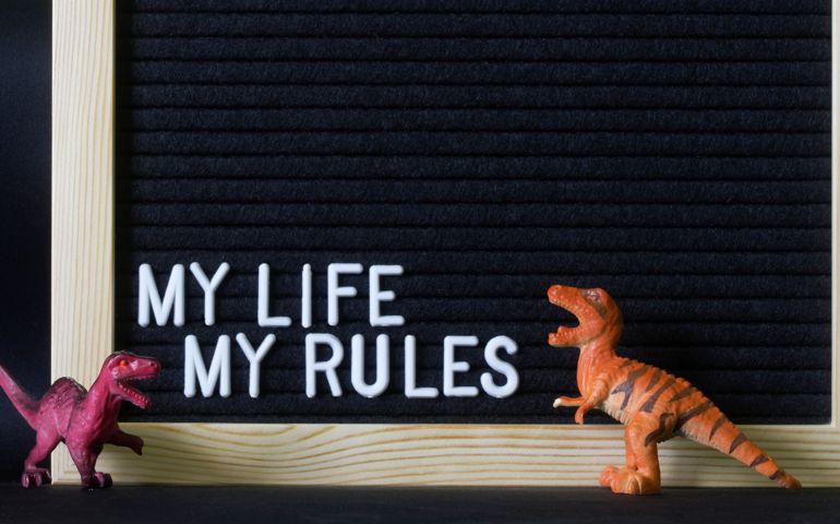 The inscription: My life my rules on a black felt board next to toy dinosaurs. A possible element of design and decoration of a teenager's room.