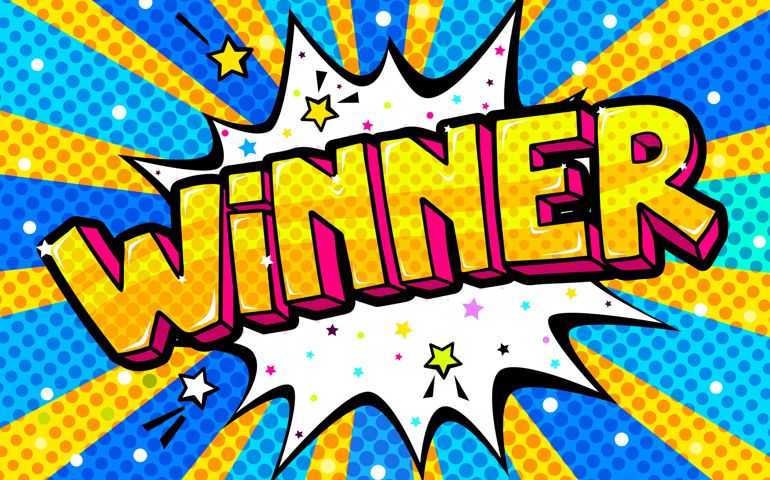 Winner Message word bubble in retro pop art style on blue background.