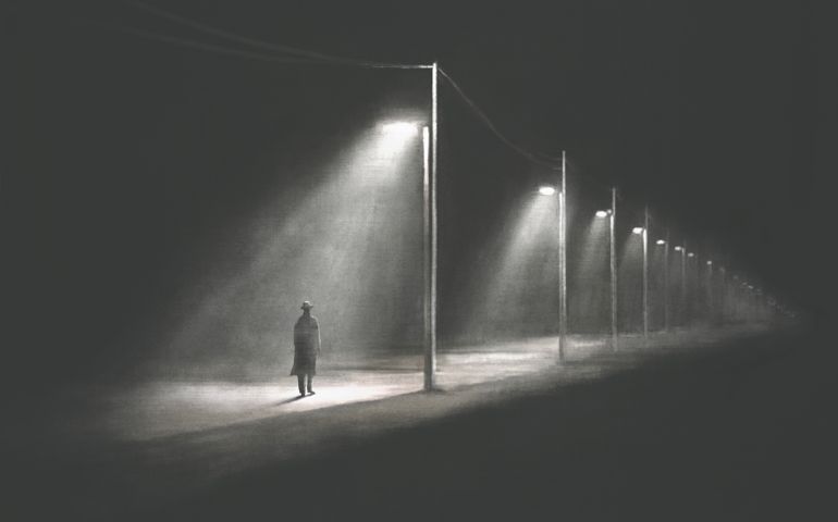 Illustration of mysterious lonely man walking alone in the dark, surreal abstract concept