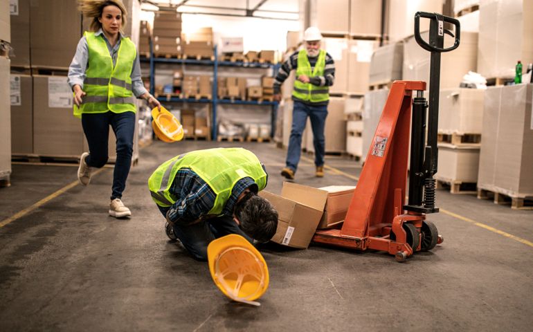 Warehouse worker after an accident in a warehouse