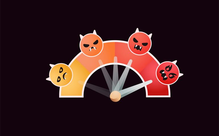 Control grumpy hot headed irascible short-tempered emotion speedometer. Scale Meter of different level anger: quick-tempered, angry, enraged. Vector illustration.