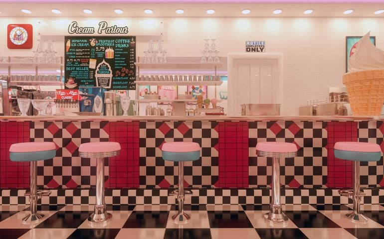 Vintage American ice cream parlour with black and white checked floor and pink stools at the bar. 3D rendering.