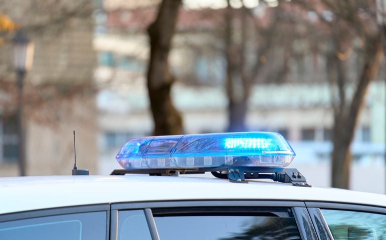 a close-up view of a police vehicle with blue lights patrolling near a public park with the windows and doors closed