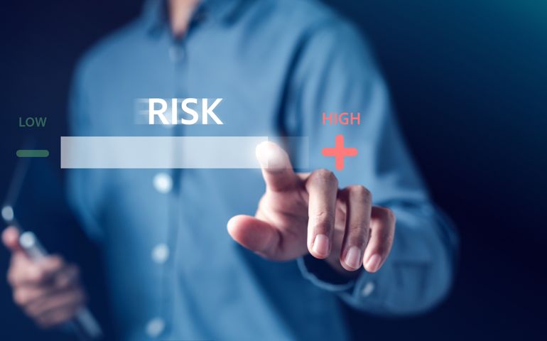 High Risk of Business decision making and risk analysis. Measuring level bar virtual, Risky business risk management control and strategy.