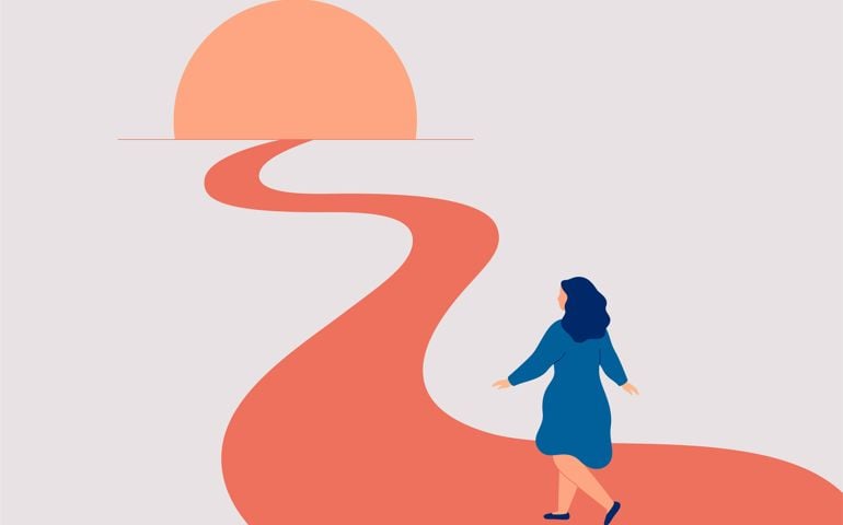 Confident woman goes forward to her life goals. First step to self love and freedom. Happy female person achieves dreams and realizes plans.