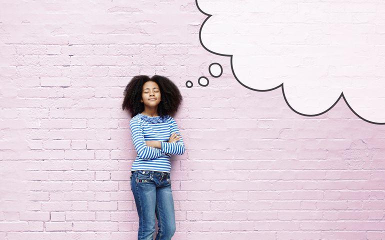 Girl with eyes closed and thought bubble