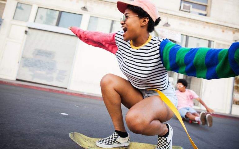 Young woman skateboarding