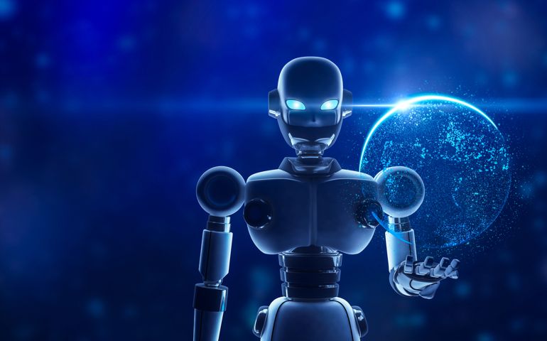 Robot holding the planet earth in virtual display, futuristic technology concept, 3d illustration