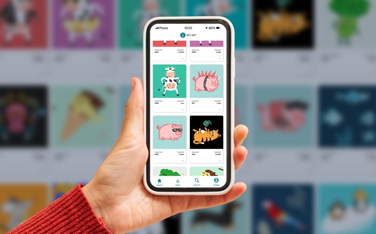 Close up of an NFT marketplace on a mobile phone