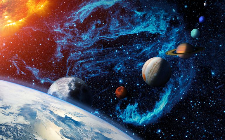 Digital illustration of the Solar system. Sun, Earth and planetary Moon, Mars, Jupiter, Saturn, Uranus, Neptune and the dwarf Pluto
