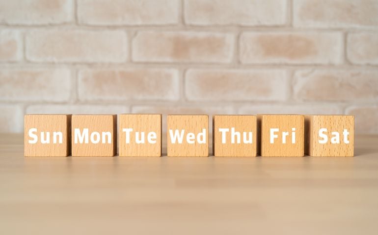 Wooden blocks with day of the weeks text of concept and coins.