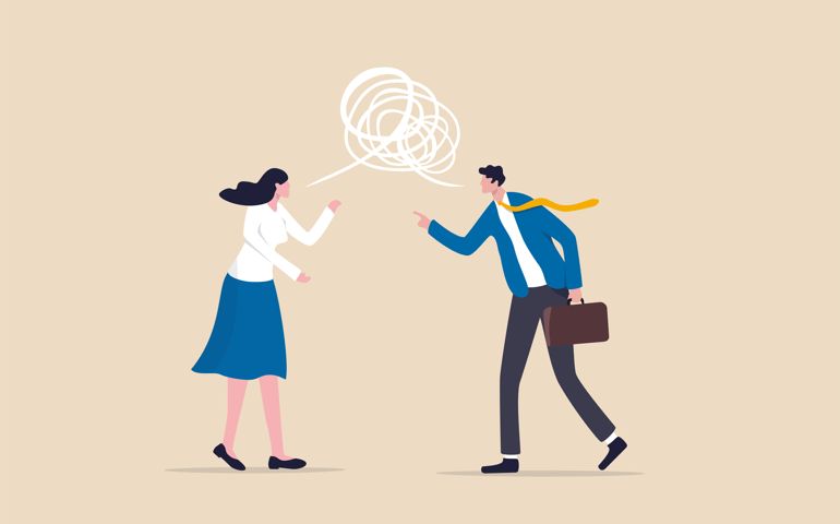 Different opinion, conflict or argument in meeting discussion debate, disagreement or fight, challenge dialog concept, businessman and woman colleague arguing different opinion to find out solution.