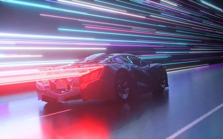 Futuristic concept. Sports car on the background of glowing neon lines. Red neon laser. 3d Illustration