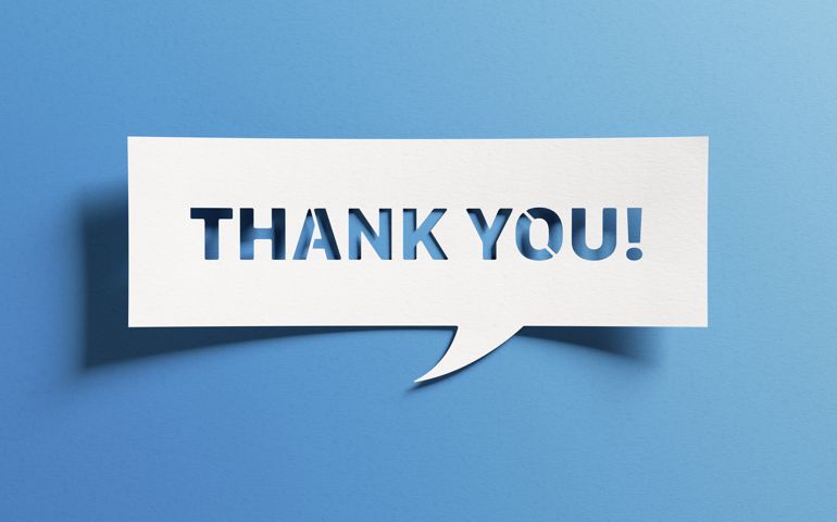 Thank you message for card, presentation, business. Expressing gratitude, acknowledgment and appreciation. Minimalist abstract design with white cut out paper on blue background.