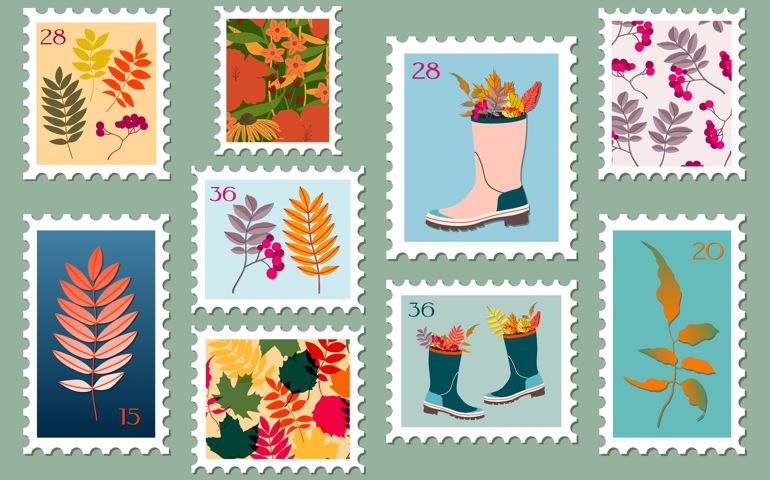 Set of post stamps illustrations. Variety of modern vector isolated stamps.