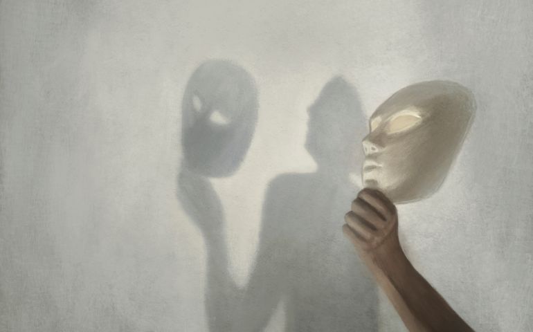 surreal shadow on the wall of a person who takes off the mask from his face, concept of truth and fiction