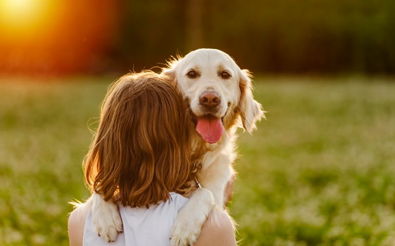 Portrait of teenage girl petting golden retriever outside in sunset