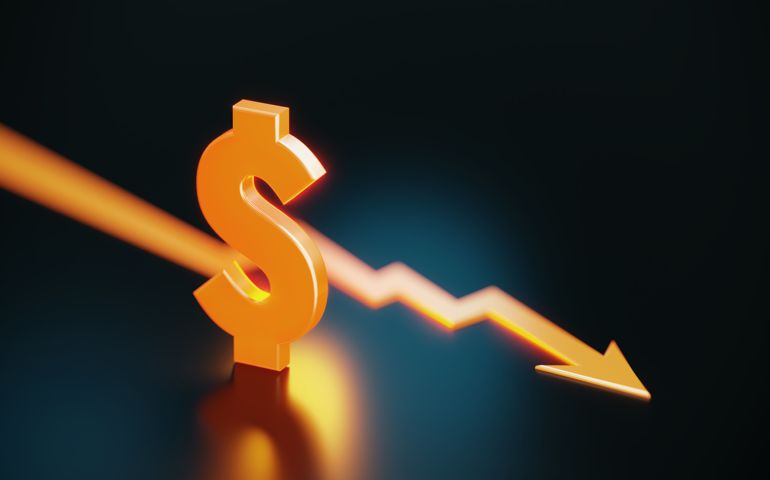 Orange Colored American Dollar Sign And Arrow Symbol On Black Background
