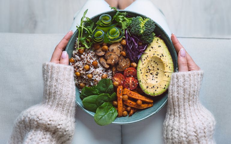 Healthy eating. Plate with vegan or vegetarian food in woman hands. Healthy plant based diet. Healthy dinner. Buddha bowl with fresh vegetables