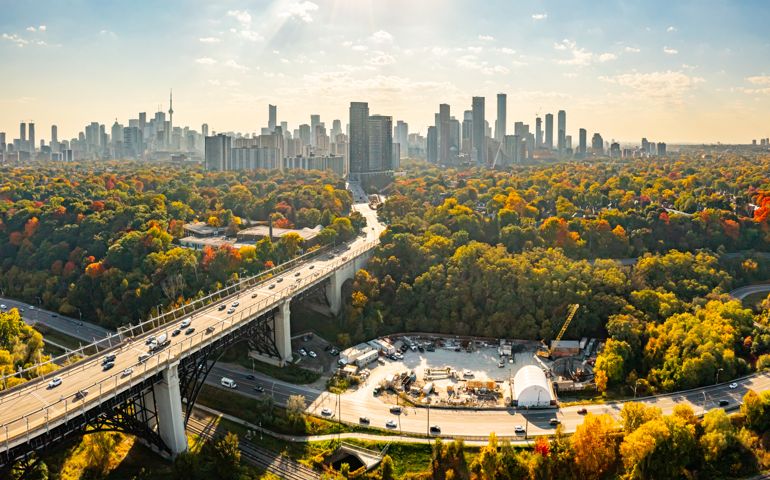 Aerial Bayview Ave. and Rosedale in Autumn, Toronto, Canada