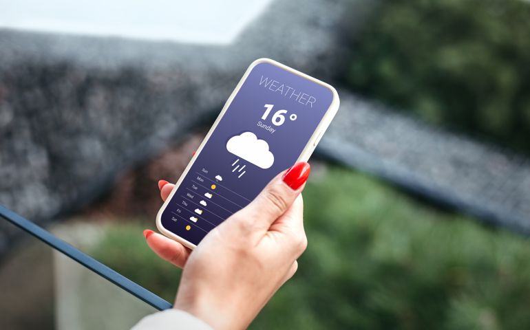 rainy weather forecast. female hand holds a mobile phone and looks at the weather forecast for the day on a park with a trees background
