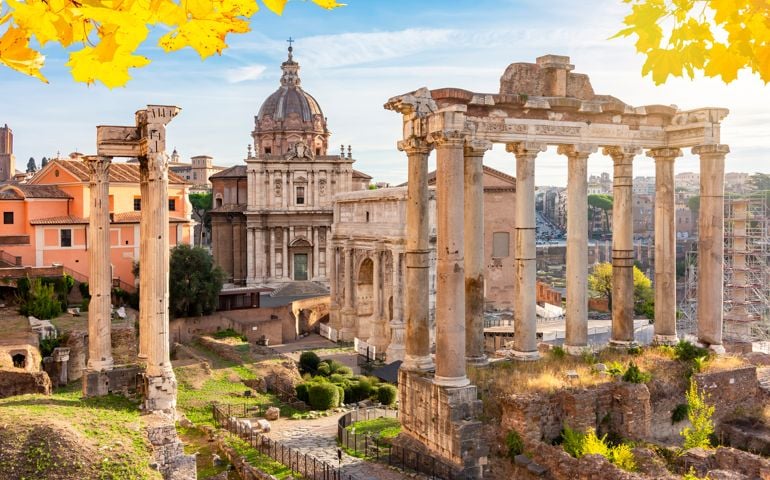 Ruins of Roman Forum in autumn, Rome, Italy