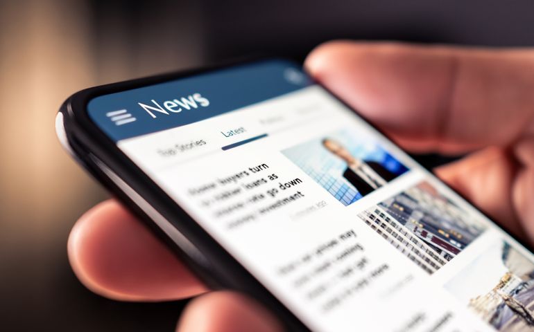 News online in phone. Reading newspaper from website. Digital publication and magazine mockup. Press feed with latest headlines in digital web portal.