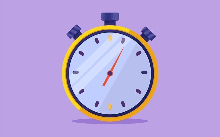 Cartoon flat style drawing stopwatch, special watch to start, stop, measure. Sport and competition equipment. Timer return arrow icon, logo, template, label, symbol. Graphic design vector illustration