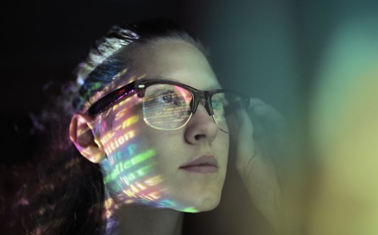 Portrait, girl lighted with colorful code