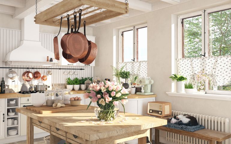 retro kitchen in a cottage with sleeping cat. 3D RENDERING