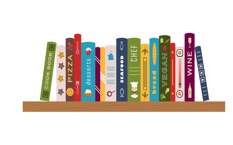 Bookshelf with cook books, recipe books. Shelf with books about cooking, food and drinks.