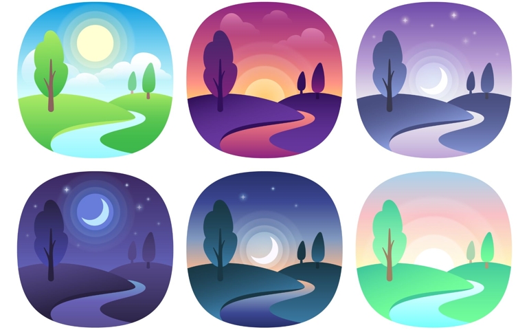 Modern beautiful landscape with gradients. Sunrise, dawn, morning, day, noon, sunset, dusk and night icon. Sun time vector icons set. Nature landscapes at different day times