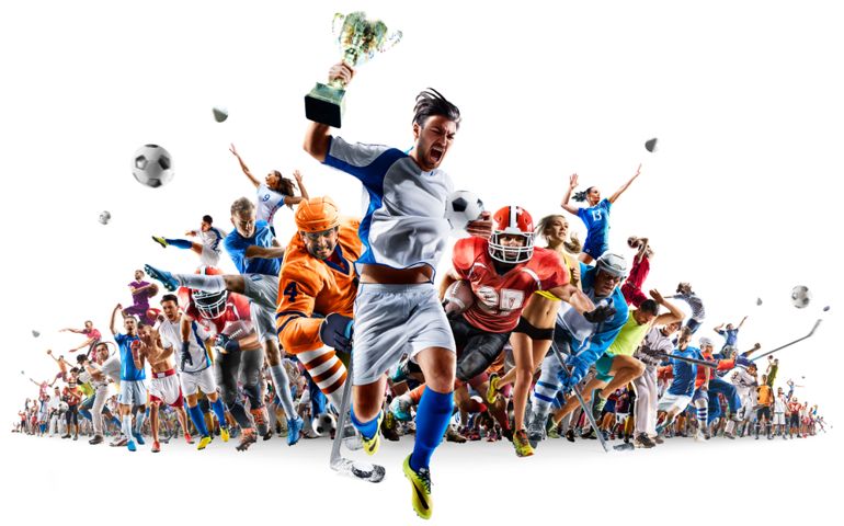 Grand sports collage soccer basketball hockey baseball american football etc isolated on white