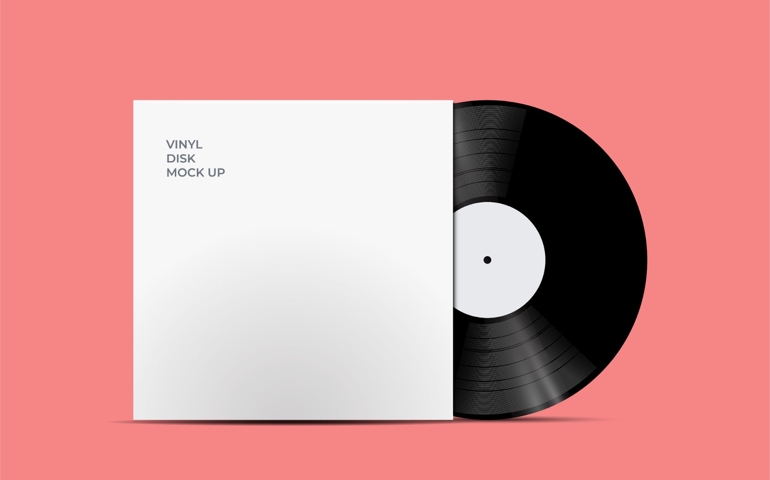 LP Record Vinyl Disc Cover with Vinyl disc inside. Realistic vector mock up