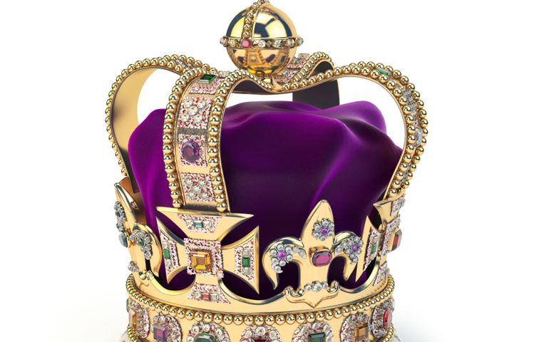 Golden crown with jewels isolated on white. English royal symbol of UK monarchy. 3d illustration