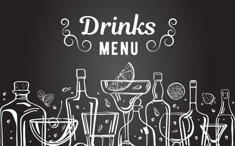 alcohol bottles and glasses with drinks on blackboard background. Menu design template