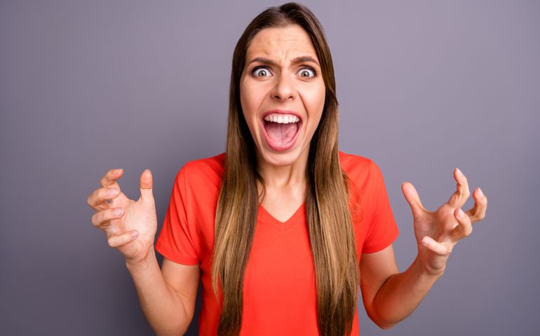 Portrait of frustrated mad girl have scandal disagreement with husband lose patience shout yell feel irritated facial expression wear casual style clothing isolated grey color background