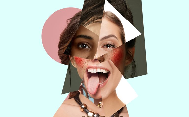 Young woman's portrait made of different pieces of faces, modern art collage. New vision of beauty and fashion, make up, hairstyle. Modern style, contemporary view of emotions, feelings.
