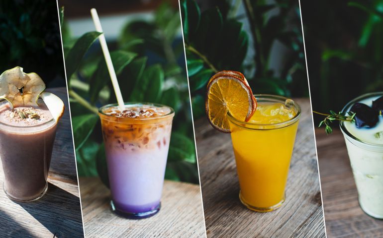 Сollage of four photos of various types of summer drinks, non-alcoholic cocktails and juices from fruits, nuts, matches and caffeine
