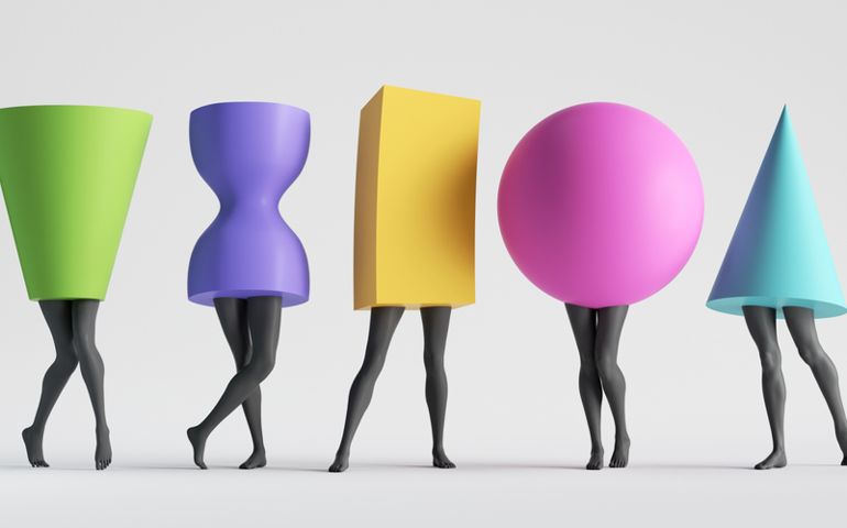 3d render, abstract female body type. Colorful geometric shapes with black legs isolated on white background. Minimal modern fashion clip art
