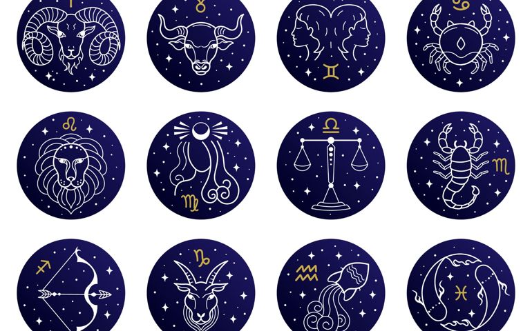 Astrological zodiac signs. Aries, taurus, leo and gemini horoscope, virgo, scorpio, libra, aquarius zodiac, sagittarius, pisces, capricorn, cancer vector symbols. Constellations on blue