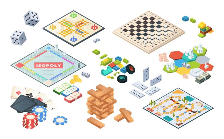 Board games. Adults funny games isometric cards backgammon chess mahjong vector