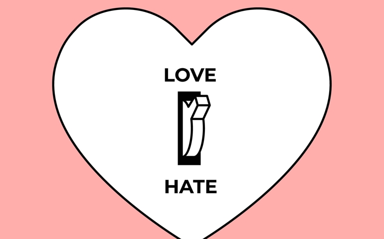 Feelings concept. Love or Hate choice. White heart silhouette with toggle switch between love and hate turned to love position.