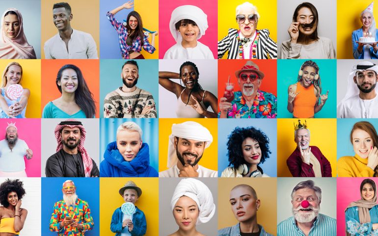 Collection bundle of different people and ethnicities. Collage with men and women faces and various characters on colored backgrounds. Conceptual image about lifestyle and mankind
