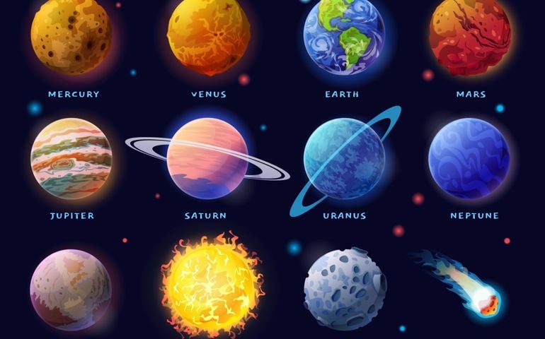 Solar System planets set. Moon, Sun and comet icons isolated on starry sky background. Vector outer space gas giants Jupiter and Saturn, ice Uranus Neptune, Pluto. Rocky Mercury, Venus and Earth, Mars
