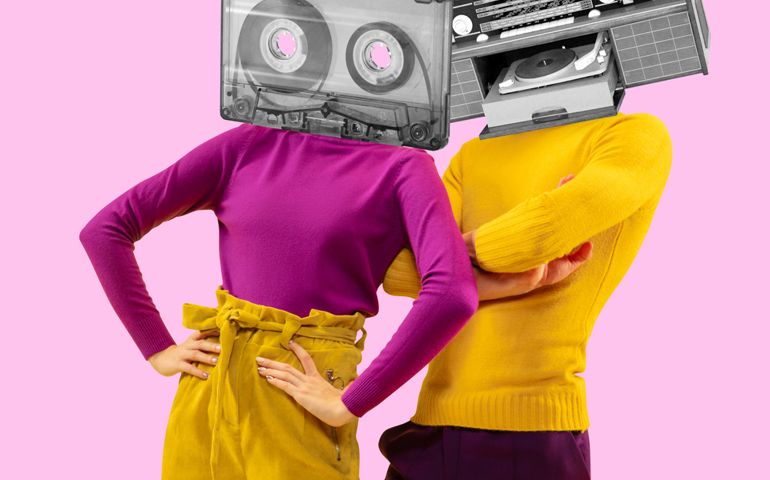 Party, music time. Contemporary art collage. Magazine style. Composition with young girl and man headed of retro tape cassette and recorder on pink background.