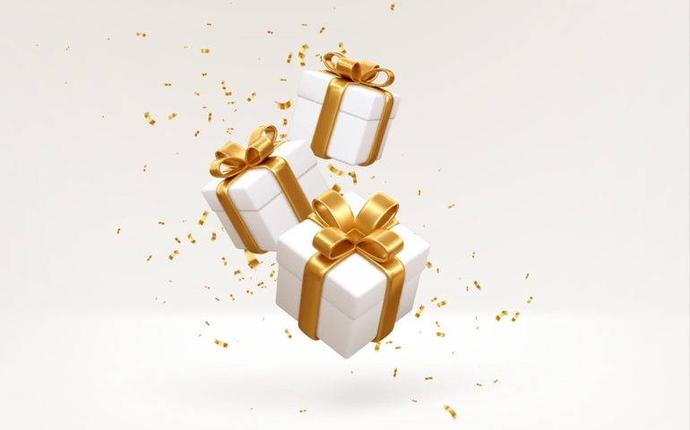 Merry New Year and Merry Christmas 2022 white gift boxes with golden bows and gold sequins confetti on white background. Gift boxes flying and falling. Vector illustration EPS10