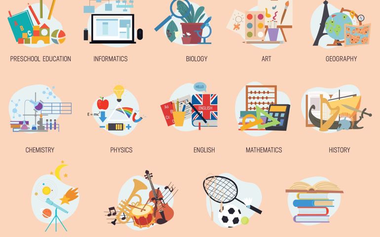 Colorful education and school lesson subjects icons. High school and preschool classes stickers, symbols or signs collection. Set of isolated flat cartoon vector illustrartions
